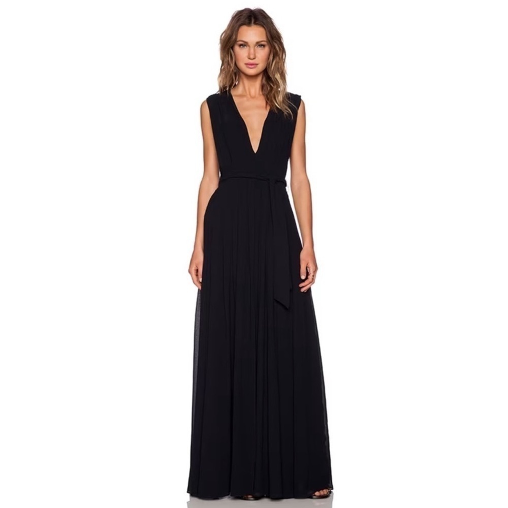 L'AGENCE Plunge Neckline Long Deep V Pleated Maxi Dress in Black